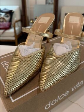 Dolce Vita Metallic Gold Pointed Mules with Ankle Strap
